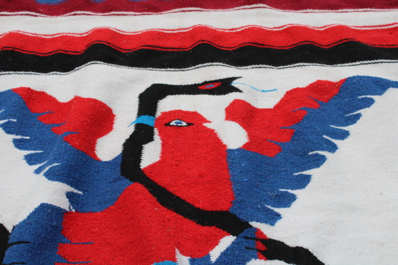 photo of vintage Mexican souvenir woven rug or blanket eagle & snake, festival red, white & blue  #4