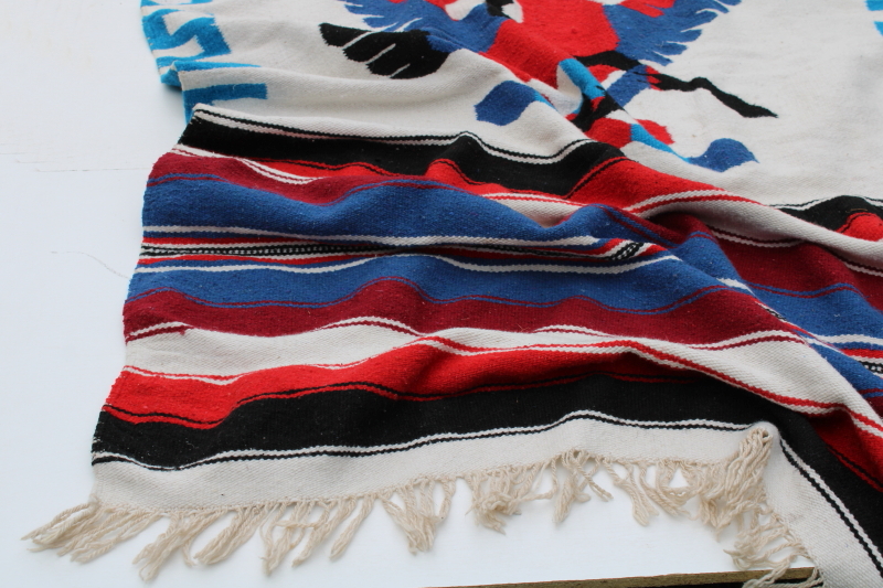 photo of vintage Mexican souvenir woven rug or blanket eagle & snake, festival red, white & blue  #5