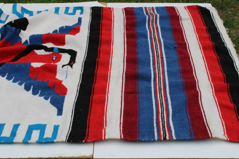 photo of vintage Mexican souvenir woven rug or blanket eagle & snake, festival red, white & blue  #6