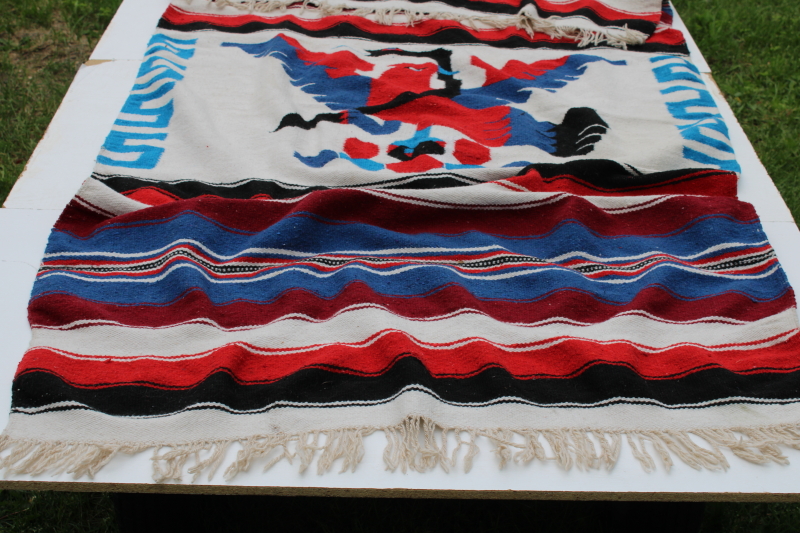 photo of vintage Mexican souvenir woven rug or blanket eagle & snake, festival red, white & blue  #7