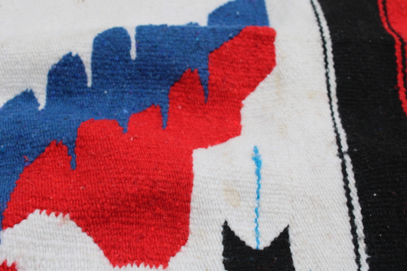 photo of vintage Mexican souvenir woven rug or blanket eagle & snake, festival red, white & blue  #9
