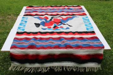 catalog photo of vintage Mexican souvenir woven rug or blanket eagle & snake, festival red, white & blue 