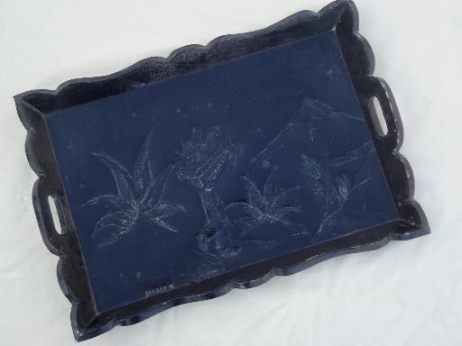 photo of vintage Mexican tin clad tray w/ old Mexico design, worn black finish #1