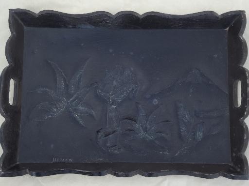 photo of vintage Mexican tin clad tray w/ old Mexico design, worn black finish #5