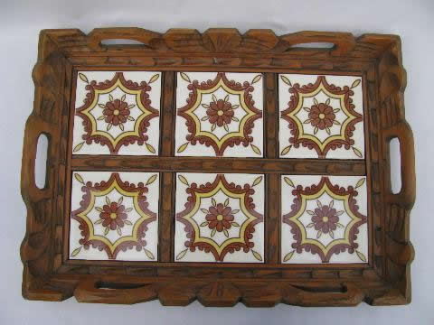 photo of vintage Mexico, carved wood tray w/ hand painted Mexican tiles #1