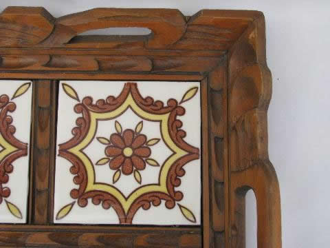 photo of vintage Mexico, carved wood tray w/ hand painted Mexican tiles #2