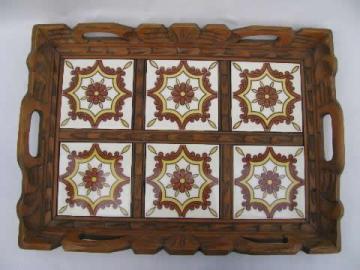 catalog photo of vintage Mexico, carved wood tray w/ hand painted Mexican tiles