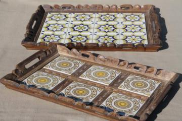 catalog photo of vintage Mexico carved wood trays w/ hand-painted Mexican pottery tiles