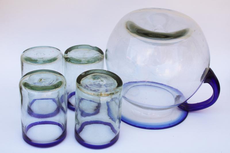 photo of vintage Mexico hand blown glass pitcher & drinking glasses w/ cobalt blue trim  #2