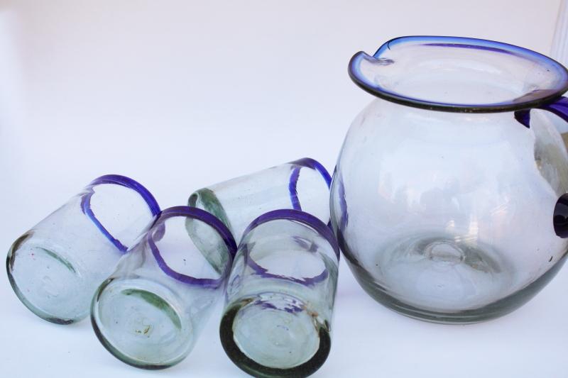 photo of vintage Mexico hand blown glass pitcher & drinking glasses w/ cobalt blue trim  #3