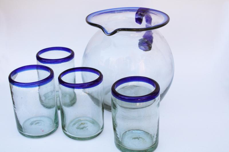 photo of vintage Mexico hand blown glass pitcher & drinking glasses w/ cobalt blue trim  #4