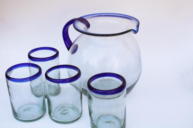 photo of vintage Mexico hand blown glass pitcher & drinking glasses w/ cobalt blue trim  #5