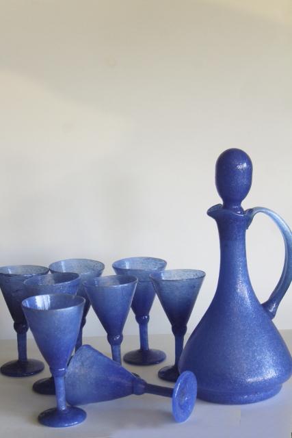 photo of vintage Mexico hand blown glass wine glasses & decanter bottle, smoky dusk blue opaque glass #1