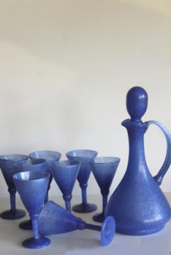 vintage Mexico hand blown glass wine glasses & decanter bottle, smoky dusk blue opaque glass