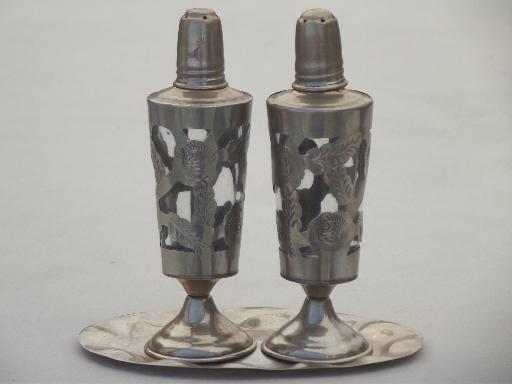 photo of vintage Mexico hand tooled metalwork shakers set, nickel silver over brass  #1