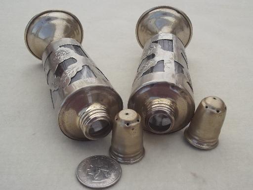 photo of vintage Mexico hand tooled metalwork shakers set, nickel silver over brass  #8