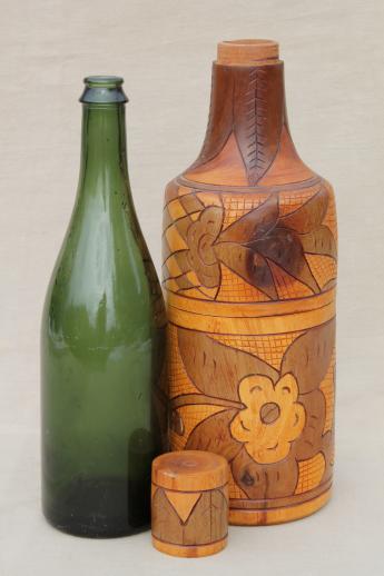 photo of vintage Mexico hand-carved wood wine bottle carrier case / carafe #1