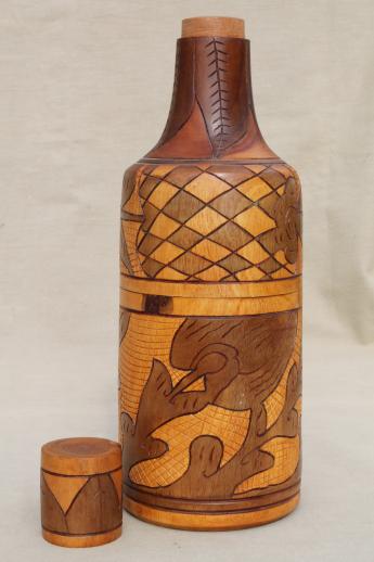 photo of vintage Mexico hand-carved wood wine bottle carrier case / carafe #7