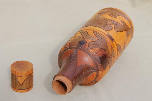 photo of vintage Mexico hand-carved wood wine bottle carrier case / carafe #9