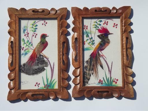 photo of vintage Mexico hand-painted feather birds pictures in carved wood frames #1