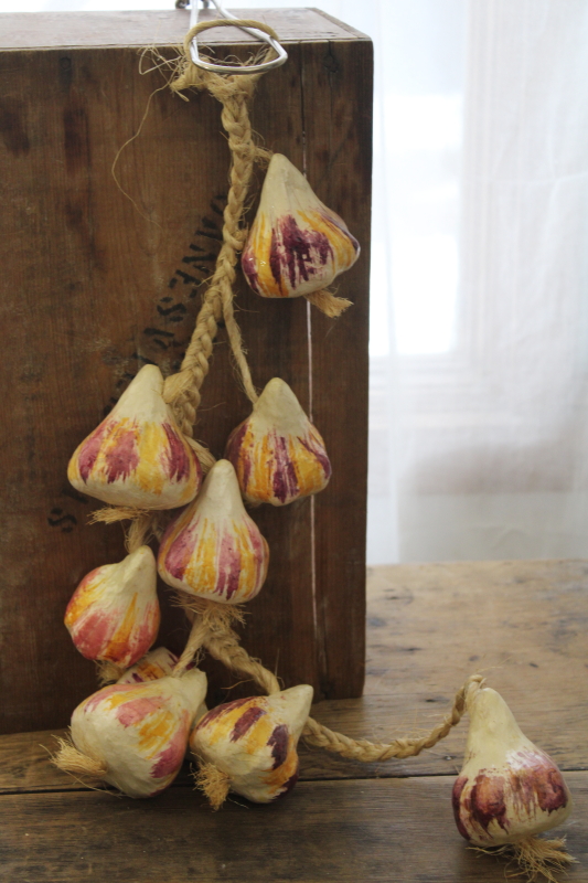 photo of vintage Mexico paper mache, string of garlic bulbs hanging rope rustic kitchen decor #1