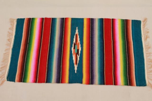 photo of vintage Mexico saltillo handwoven wool table runner, cloth mat w/ serape blanket stripes #1