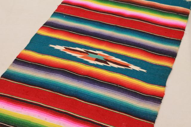 photo of vintage Mexico saltillo handwoven wool table runner, cloth mat w/ serape blanket stripes #2