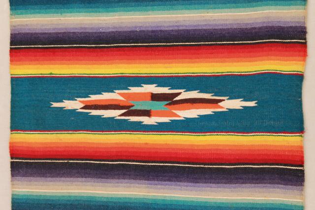 photo of vintage Mexico saltillo handwoven wool table runner, cloth mat w/ serape blanket stripes #3