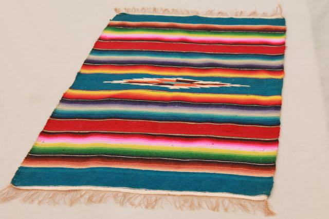 photo of vintage Mexico saltillo handwoven wool table runner, cloth mat w/ serape blanket stripes #6