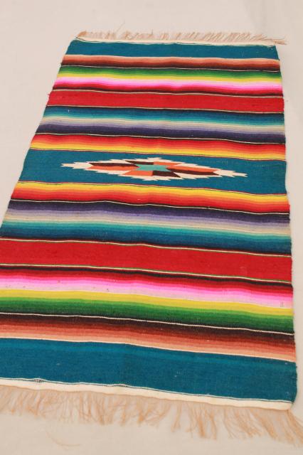 photo of vintage Mexico saltillo handwoven wool table runner, cloth mat w/ serape blanket stripes #10