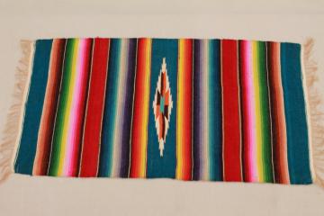 catalog photo of vintage Mexico saltillo handwoven wool table runner, cloth mat w/ serape blanket stripes