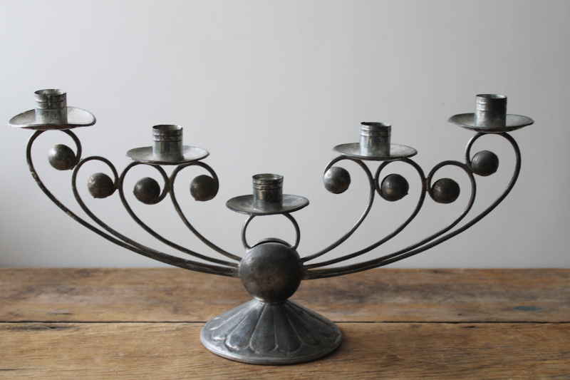 photo of vintage Mexico tin candelabra, lovely old patina handcrafted metal candle holder #1