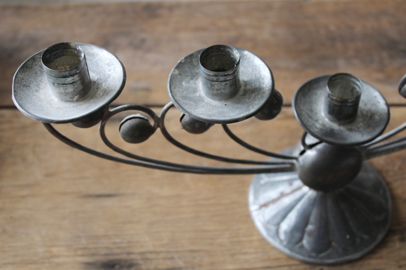 photo of vintage Mexico tin candelabra, lovely old patina handcrafted metal candle holder  #3