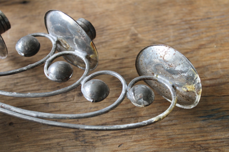 photo of vintage Mexico tin candelabra, lovely old patina handcrafted metal candle holder  #7