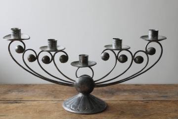 catalog photo of vintage Mexico tin candelabra, lovely old patina handcrafted metal candle holder 