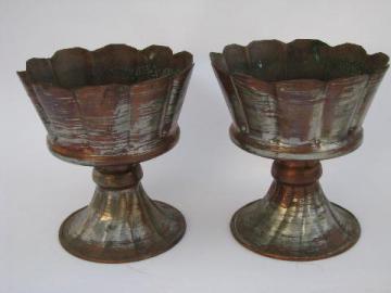 catalog photo of vintage Mexico, tinned copper candlesticks candle holders pair