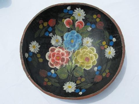 photo of vintage Mexico, wood batea bowl, bright hand-painted flowers on black #1