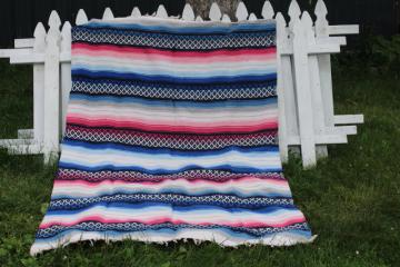 catalog photo of vintage Mexico woven blanket, pink & blue stripes w/ fringe, trippy hippie drug rug decor