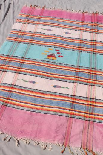 photo of vintage Mexico woven cotton tablecloth or bed cover w/ Mexican serape stripes #1