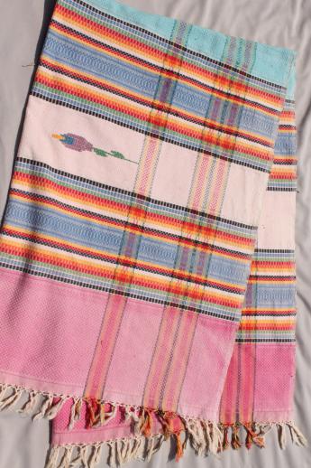 photo of vintage Mexico woven cotton tablecloth or bed cover w/ Mexican serape stripes #8