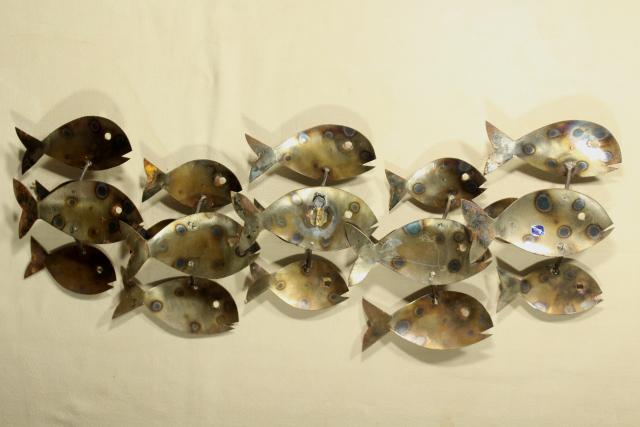 photo of vintage Mexico wrought metal wall art plaque, school of fish swimming #2