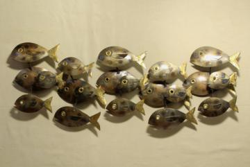 catalog photo of vintage Mexico wrought metal wall art plaque, school of fish swimming