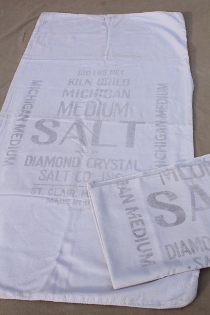 photo of vintage Michigan Diamond salt sacks, primitive printed cotton sack fabric feed bags #1