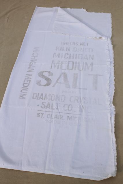 photo of vintage Michigan Diamond salt sacks, primitive printed cotton sack fabric feed bags #7