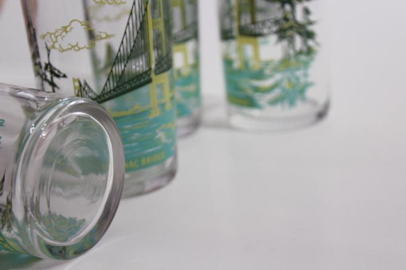 photo of vintage Michigan souvenir drinking glasses, Mackinac Island bridge print tumblers #4