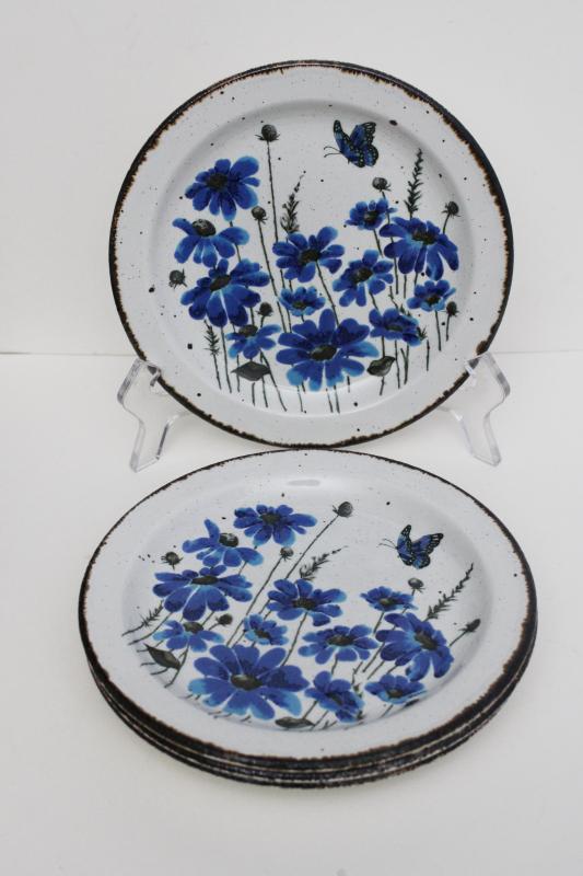 photo of vintage Midwinter Stonehenge stoneware pottery salad plates, Spring blue flowers #4