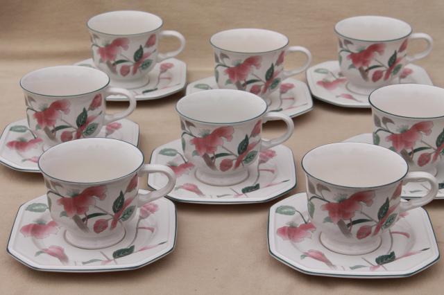 photo of vintage Mikasa Silk Flowers Japanese inspired floral pattern china tea cups & saucers set #2