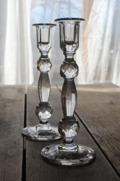 catalog photo of vintage Mikasa crystal pair of tall candlesticks, faceted ball stem candle holders