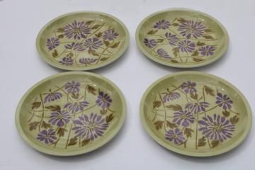 catalog photo of vintage Mikasa dinner plates Twiggy mod flowers pattern purple & olive green Pastelle 