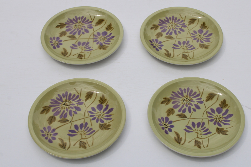 photo of vintage Mikasa salad or dessert plates Twiggy mod flowers pattern purple & olive green #1